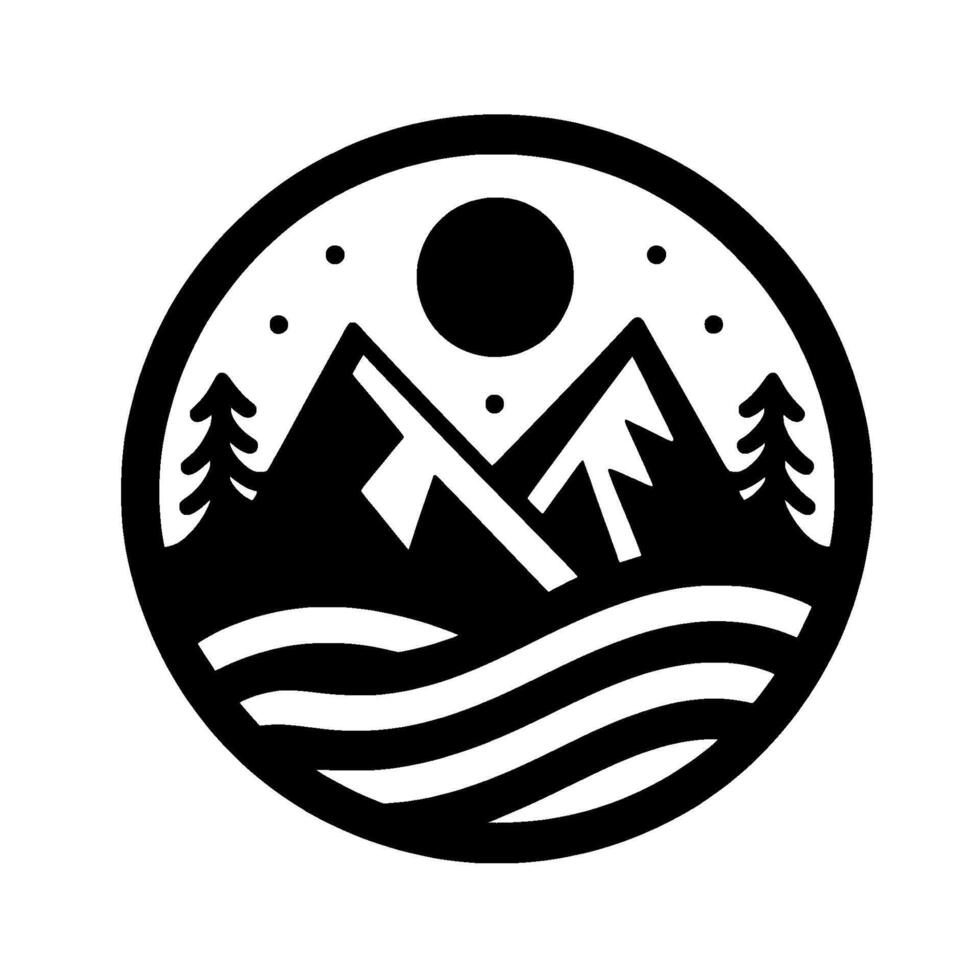 A minimalist black and white circular featuring stylized mountains, a sun, trees, and water waves, set against a clean white background. vector