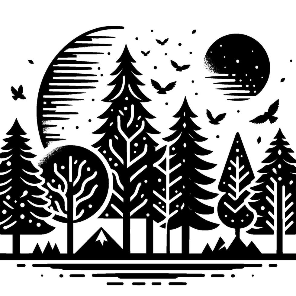A serene, minimalist illustration featuring a black and white forest scene with silhouetted trees, birds, and celestial bodies, evoking a sense of tranquility. vector