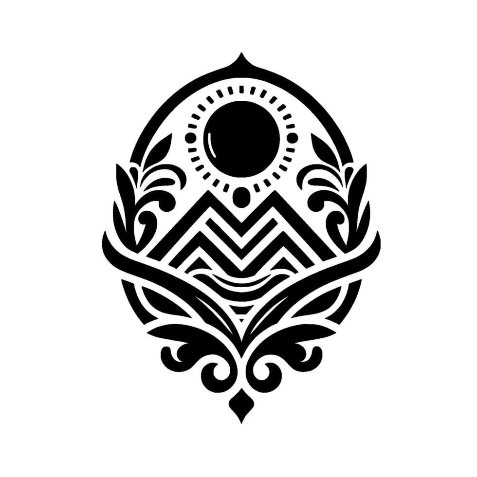 Intricate Black White Emblem Stylized Mountainscape, Rising Sun, and Floral Embellishments Enclosed within an Oval Shape, Embodying Serenity. vector