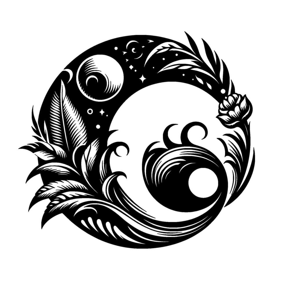 Intricate Black and White Circular of Celestial Floral Elements, Suggesting Harmony, Balance, and Lunar Influence vector