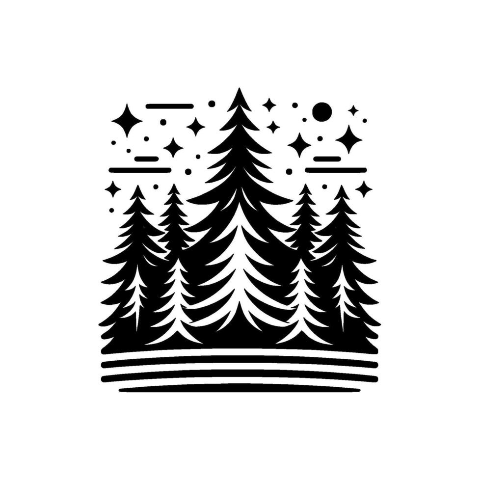 Silhouette of a starry winter night scene with stylized evergreen trees, minimalist art aesthetic. vector
