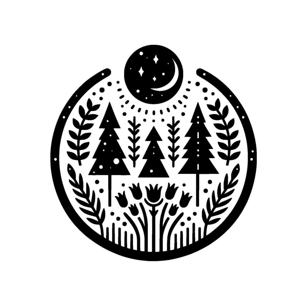 Stylized black and white circular illustration of a forest scene at night, featuring trees, flowers, foliage, moon, and stars. vector