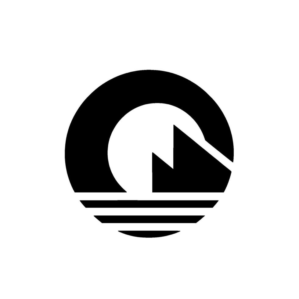 Bold Black and White Geometric Featuring a Circle Framing Mountains and the Sun Over Horizontal Stripes. vector