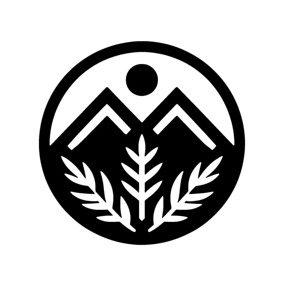 Black and White Circular Emblem Mountains, Sun, and Foliage Elements, Minimalist on White Background vector