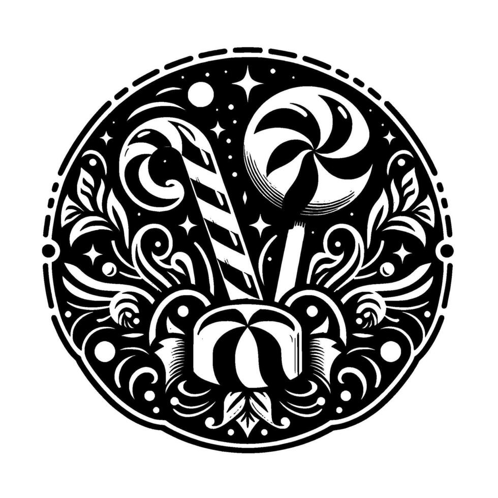 Festive Black and White Circular with Candy Canes, Swirls, and Ornate Foliage, Stars Celestial Elements vector