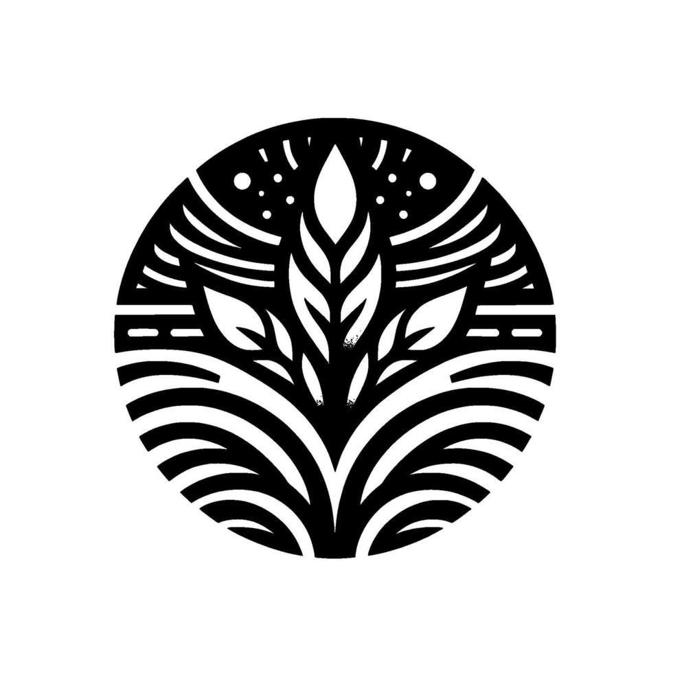 Circular Black and White Illustration Stylized Plant with Leaves, Geometric Lines, and Decorative Elements in a Minimalist . vector