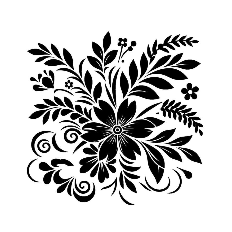 Black and white floral art , symmetric, leaves, swirls, flower bloom pattern on white background. vector