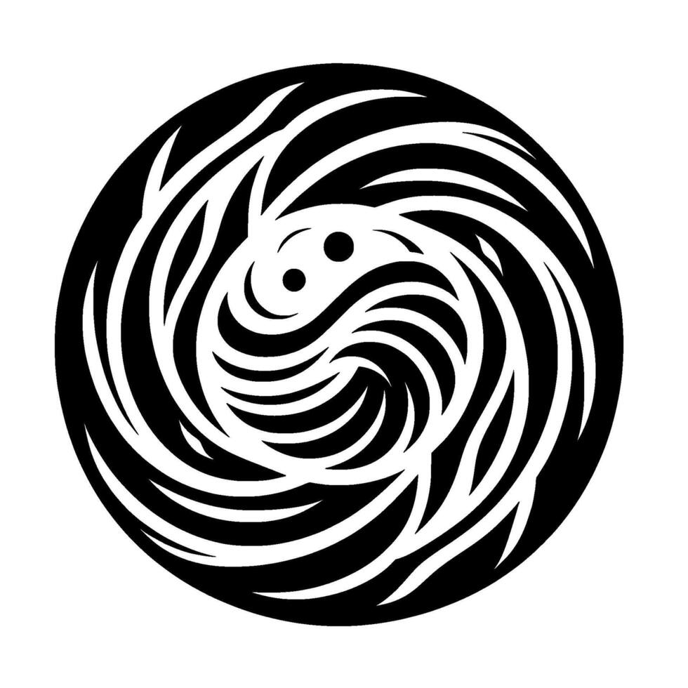 Abstract black and white circular artwork featuring a swirling with a yin yanginspired motif and organic, flowing lines. vector
