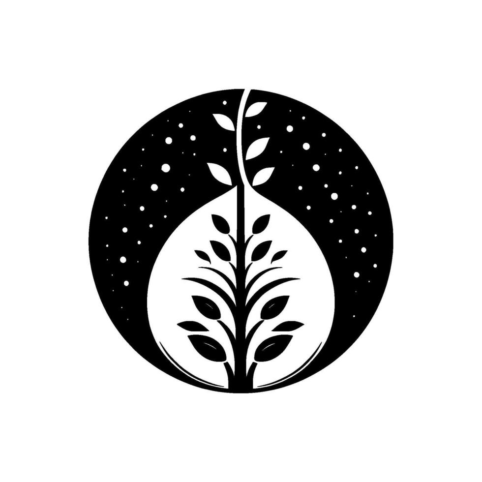 A monochrome illustration of a stylized tree growing within a teardrop, set against a speckled circular backdrop. vector