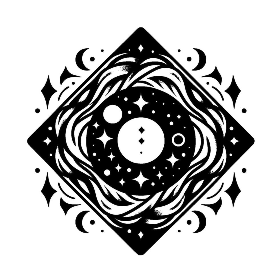 Intricate monochrome celestial illustration featuring a cosmic eye within a stylized diamond shape, adorned with stars, moons, and swirling patterns. vector