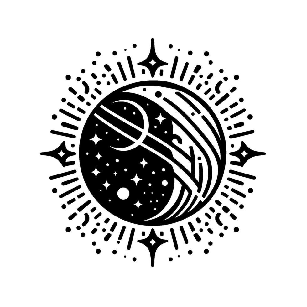 Celestial Emblem A minimalist black and white depicting a planet with crescent moons, stars, and radiating energy bursts within a circular frame. vector