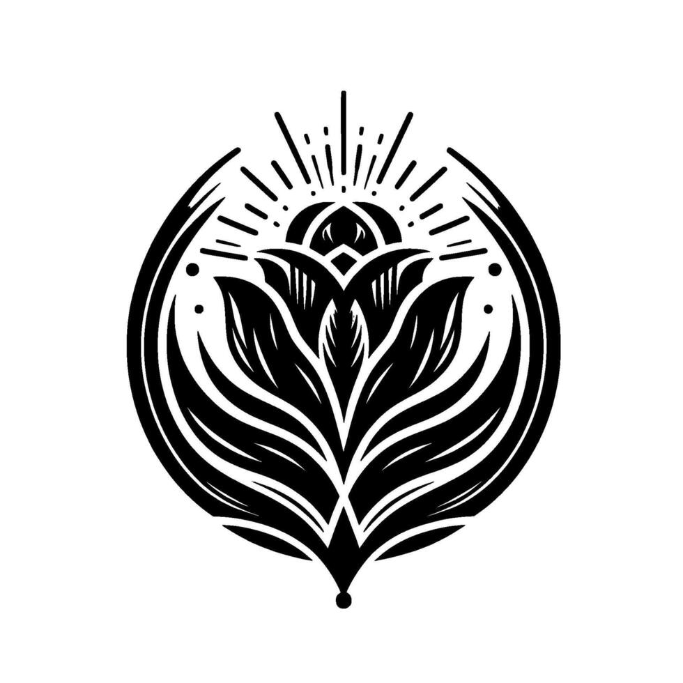 Geometric black and white floral mandalastyle with radiating sunlike elements, centered within an encompassing oval. vector