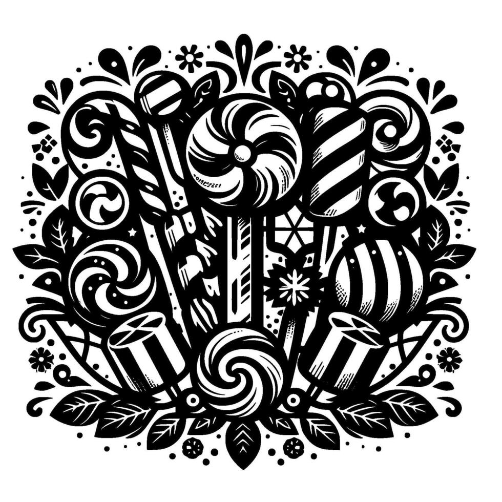 Intricate Black and White Illustration of Candies, Lollipops, and Decorative Foliage in a Delightful, Art Nouveau Inspired Arrangement. vector