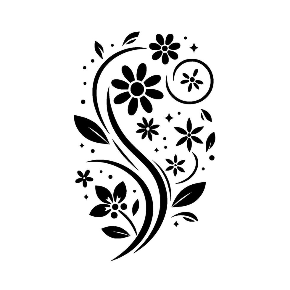 Black and White Floral An Elegant Swirl of Flowers and Leaves on a Clean White Background, Featuring Detailed Silhouette Elements. vector