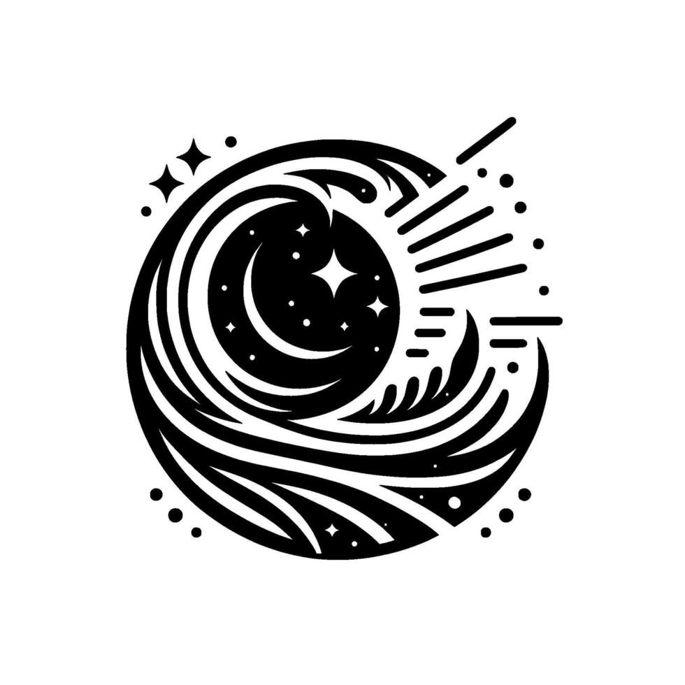 Black and white celestial featuring a stylized crescent moon, stars, sun rays, and water elements, creating a harmonious cosmic . vector