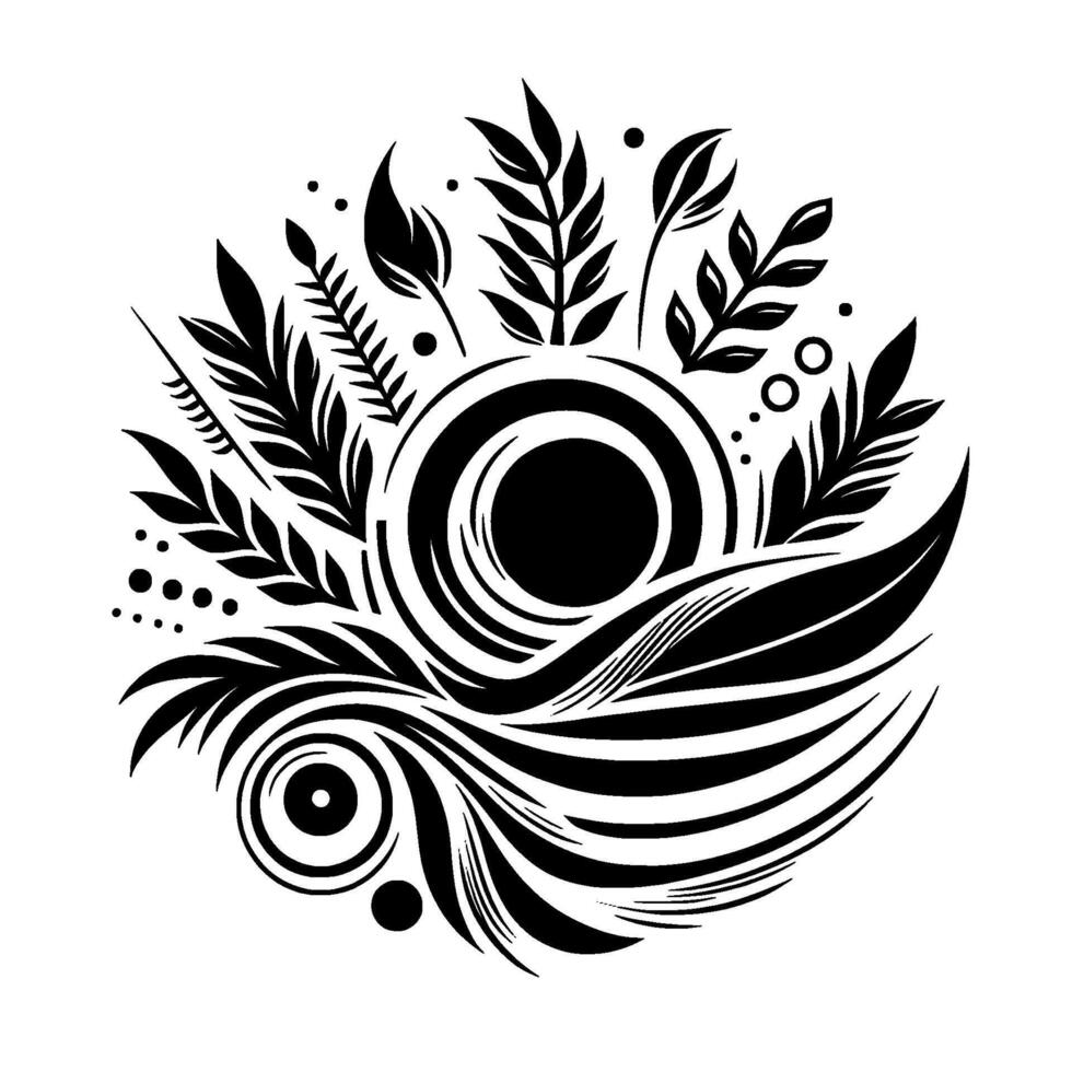 Intricate black and white botanical illustration featuring stylized leaves, spirals, and concentric circles, creating a symmetrical, elegant . vector