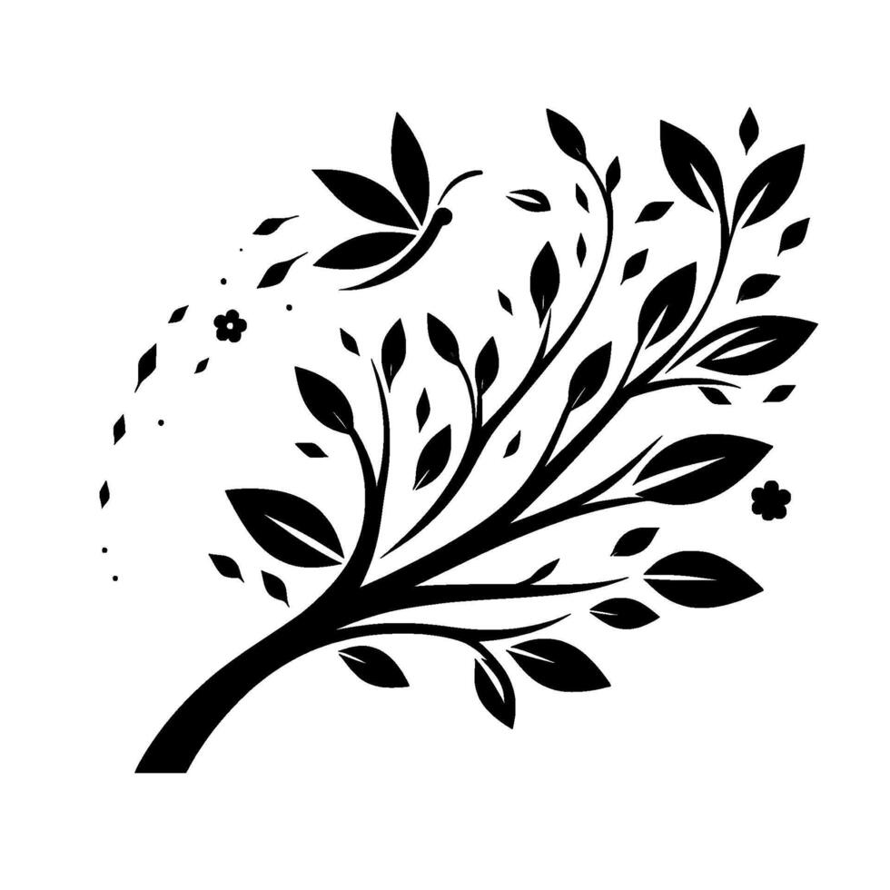 Elegant Monochrome Illustration Stylized Branch with Leaves, Dragonfly, and Floral Accents Against a White Background, Evoking Natures Serenity. vector