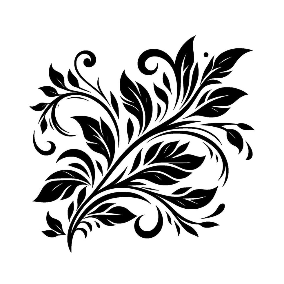 Intricate Black Floral A symmetrical arrangement of stylized leaves and tendrils, creating a classic, elegant silhouette against a pure white background. vector