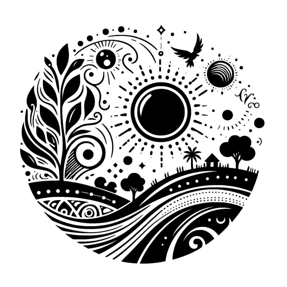 A circular monochrome illustration depicting a stylized landscape, with sun, moon, tree, and bird, in an intricate black and white . vector