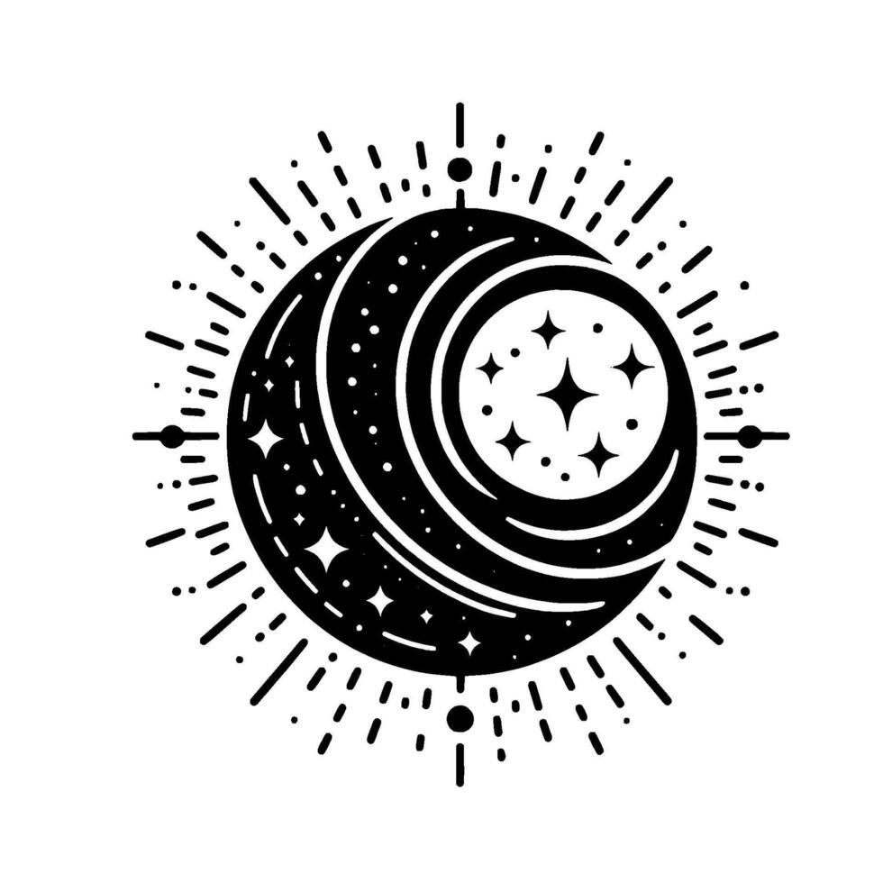 A minimalist, celestial illustration of a crescent moon cradling a starfilled inner circle, framed by radiating bursts and dots, all in striking black and white. vector