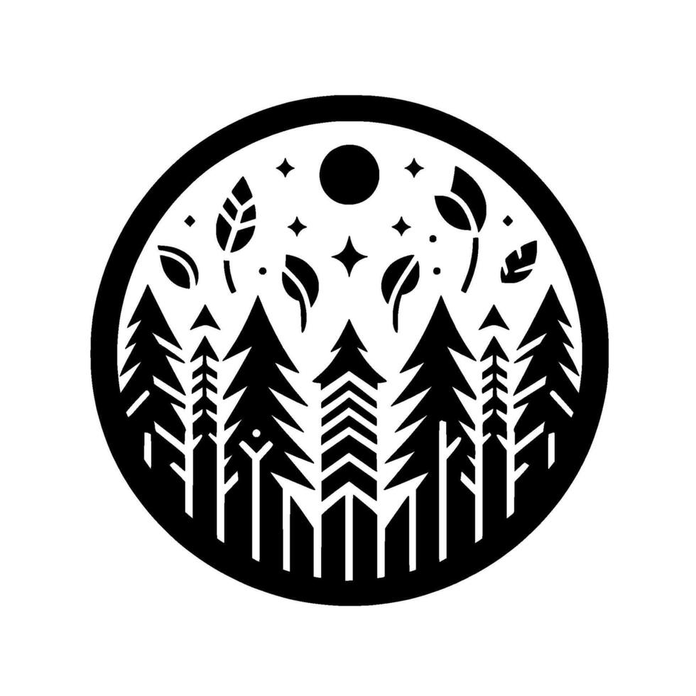 Serene Black and White Forest Night Circular Silhouette of Trees, Stars, Moon, and Foliage, Minimalist Aesthetic. vector