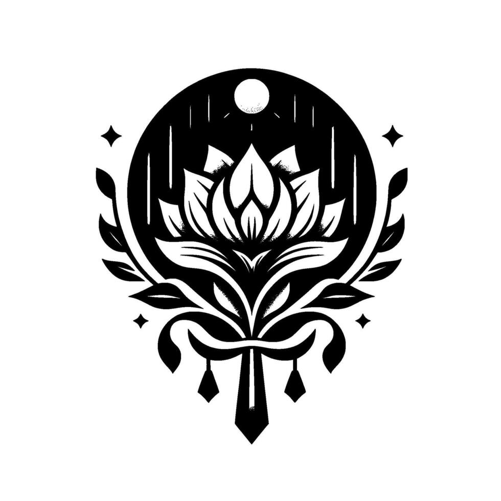 Elegant black and white illustration featuring a stylized lotus flower within a circular frame, complemented by celestial elements and decorative foliage, exuding a sense of serenity. vector