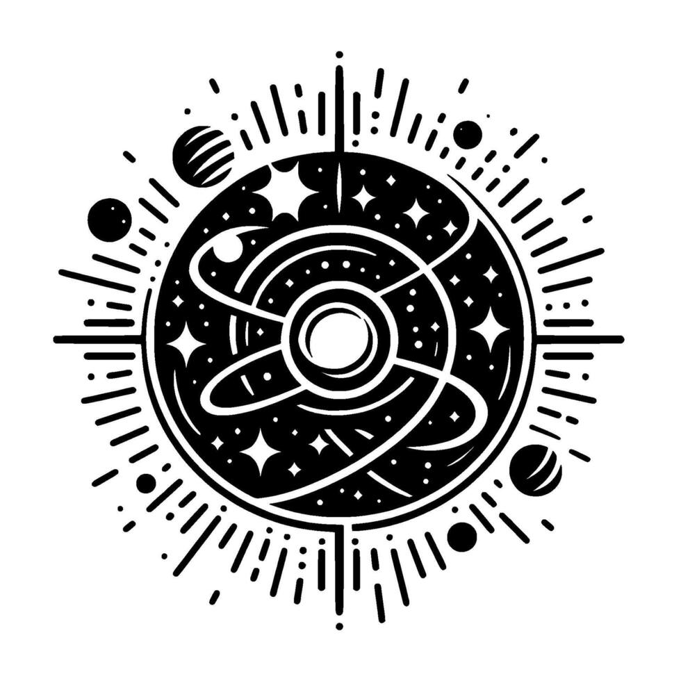 Black and White Cosmic Mandala Depicting a Celestial Core Surrounded by Planets, Stars, and Radial Lines. vector