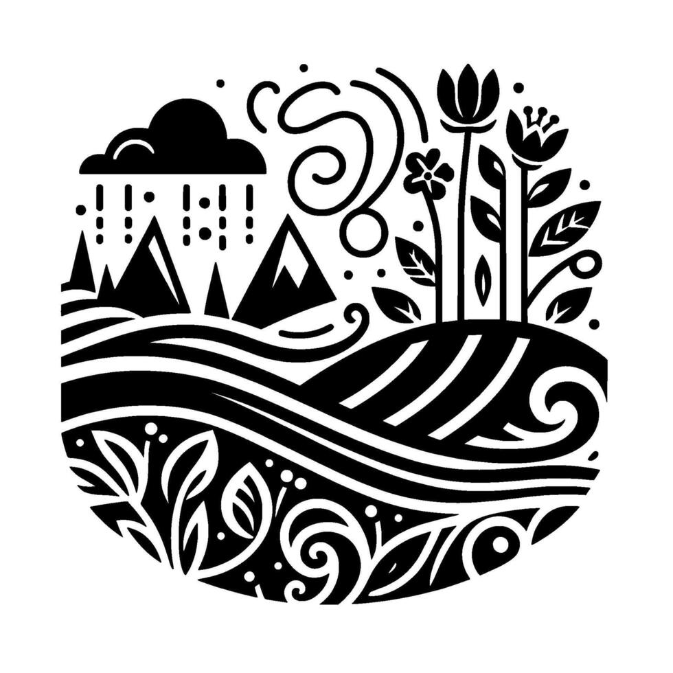 Stylized monochrome circular illustration of a landscape featuring mountains, flowers, a rain cloud, and swirling elements. vector
