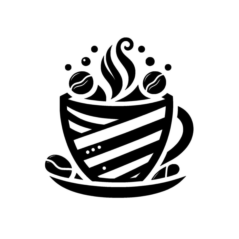 Black and white artistic depiction of a coffee cup with beans, steam, and bubbles on a white background, showcasing a modern and minimalist . vector