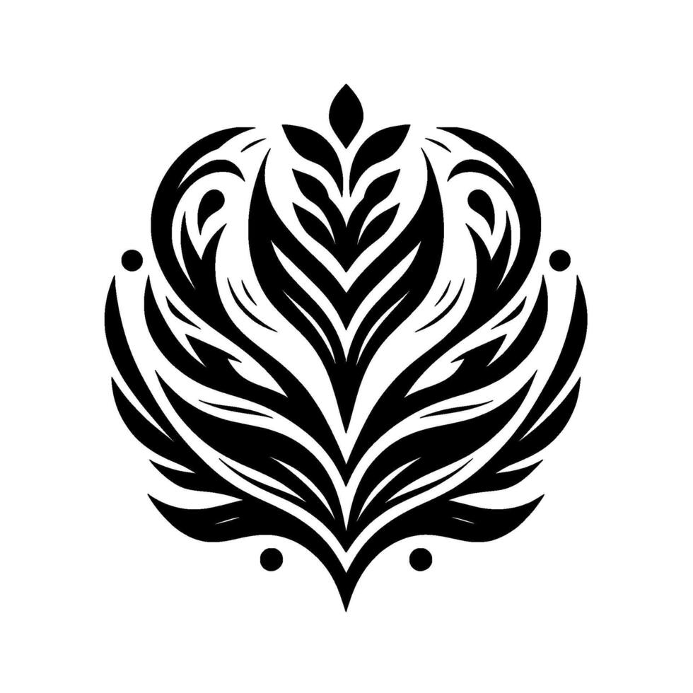 Symmetrical Black and White Floral Mandala , Featuring Leaflike Petals and Dot Accents, Centered on a White Backdrop. vector