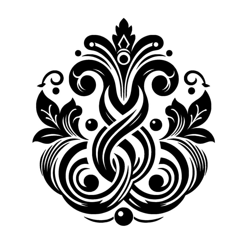 Intricate Black and White Symmetric Ornamentation Floral Geometric with Swirls, Leaves, and Dot Accents on White Background. vector