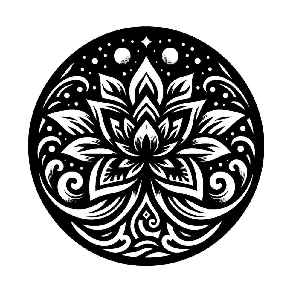 Intricate Black and White Floral Mandala in Circle, Detailed Lotus with Geometric and Swirling Ornamentation, Celestial Elements. vector