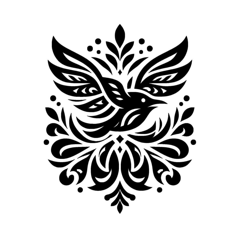 A symmetrical, minimalist black and white depicting a stylized bird with outstretched wings, surrounded by organic, florallike elements, creating a harmonious, elegant composition. vector