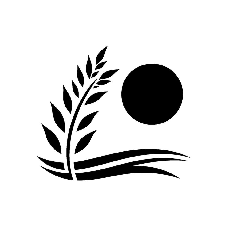 A minimalist black and white depicting a stylized plant, a circular sun, and waves on a white background. vector