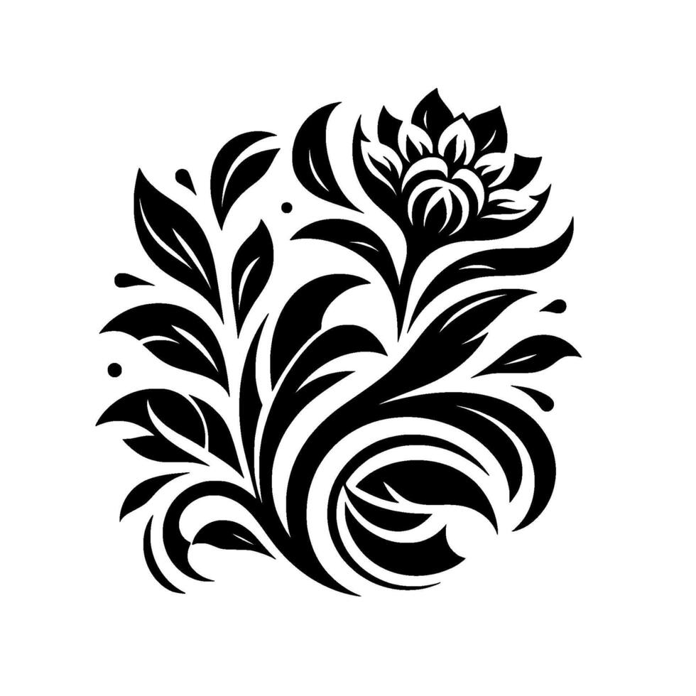 Stylized Black and White Floral Featuring a Central Blossom, Leaves, and Curvilinear Elements on a White Backdrop. vector