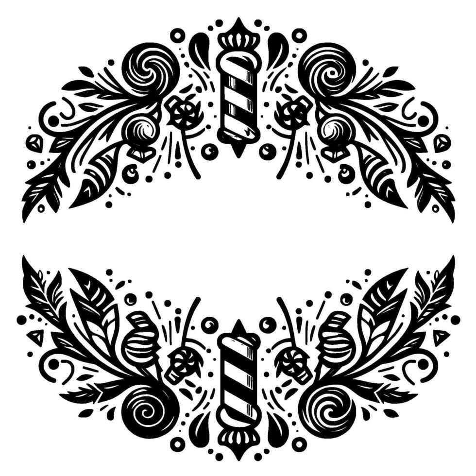 Symmetric Black White Barber Shop Embellishment, featuring a stylized barber pole between floral and swirl elements, designed with intricate details. vector