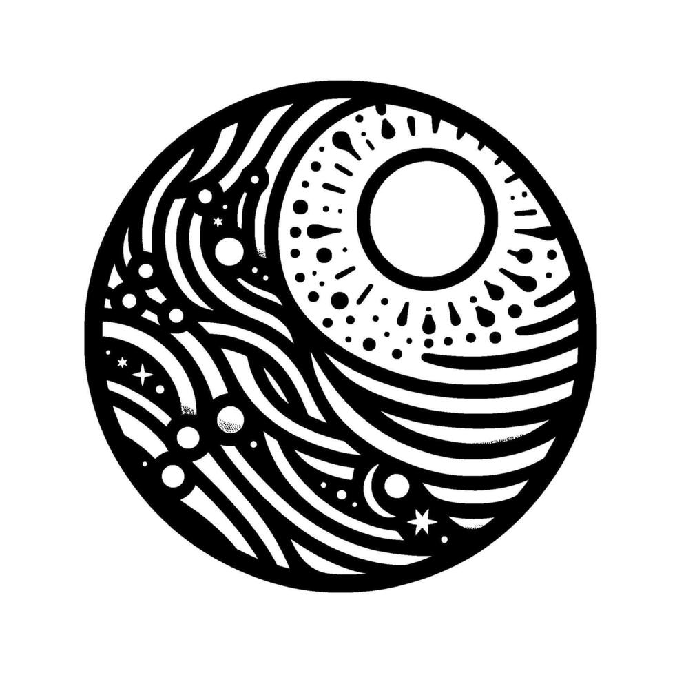 Stylized Cosmic Mandala Black and white circular depicting a celestial scene with sun, moon, stars, and swirling patterns, evoking a sense of cosmic harmony. vector
