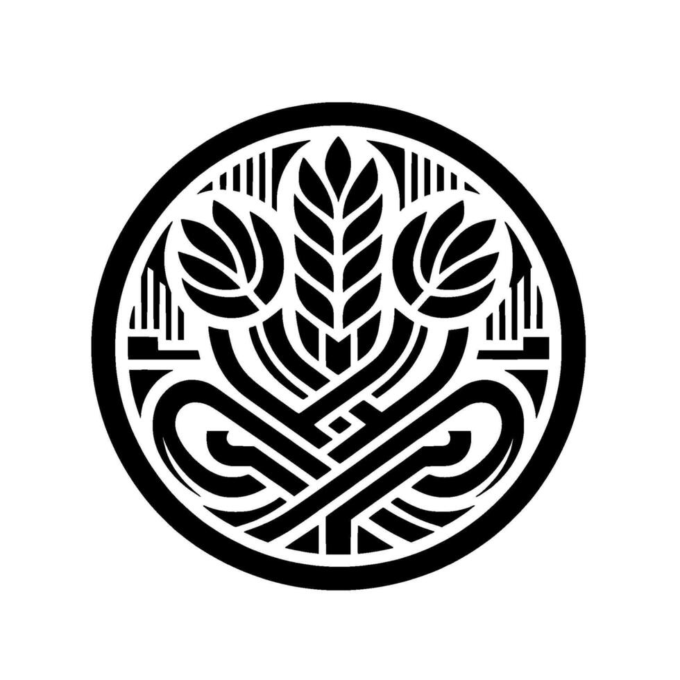A stylized, black and white circular emblem featuring intertwined wheat stalks and floral elements, exuding elegance and harmony. vector