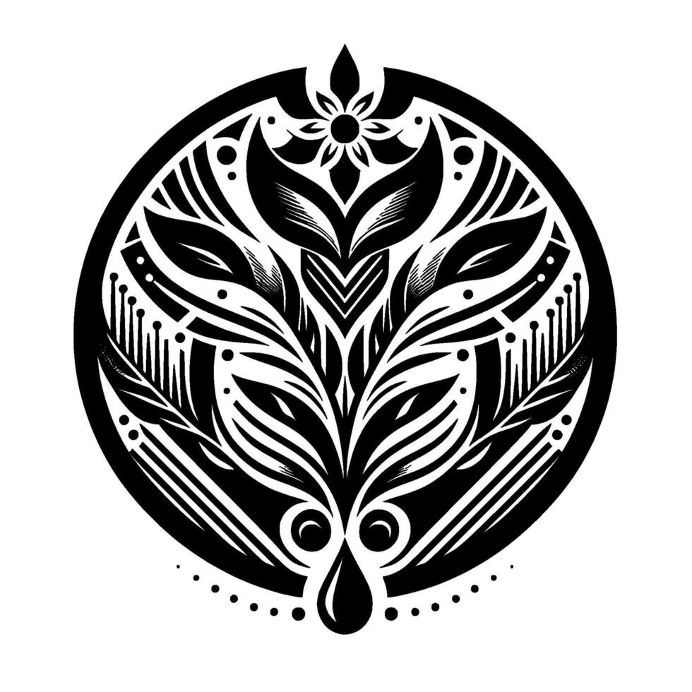 Intricate Black and White Floral Mandala Enclosed in a Circular Frame, Featuring Detailed Leaf and Petal Arrangements with a Drop Ornament. vector