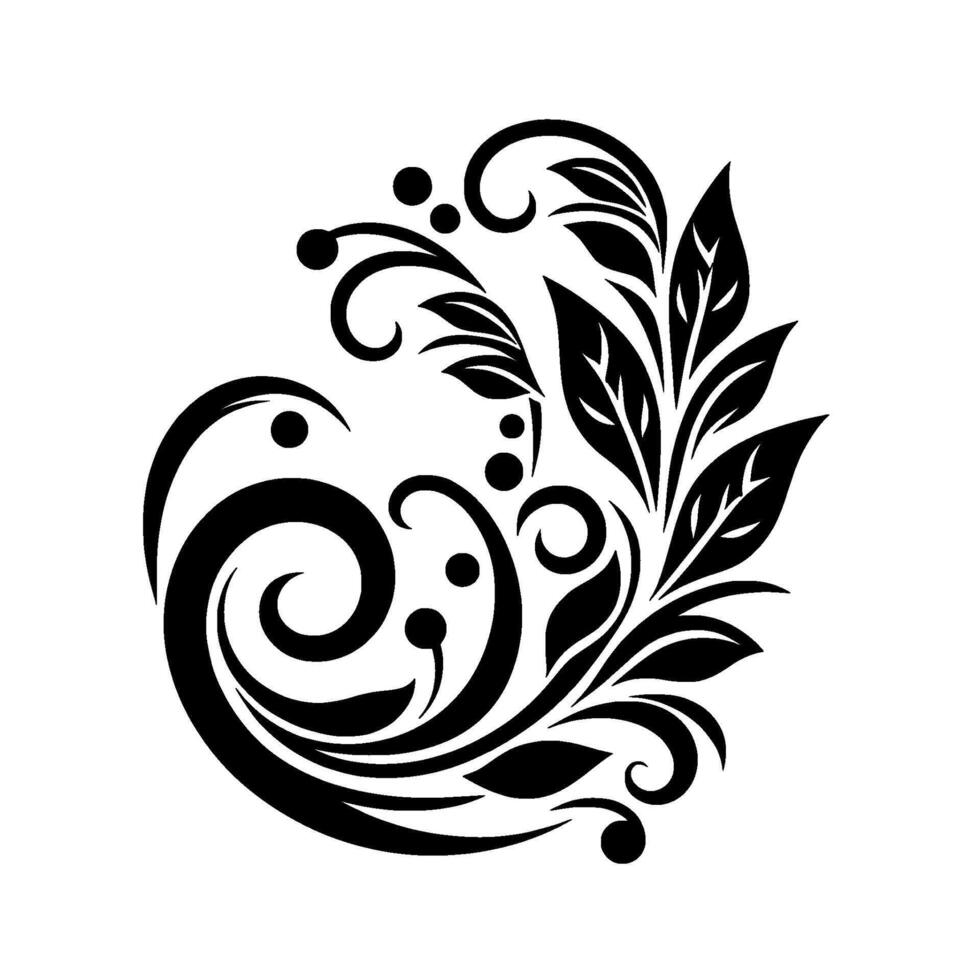Elegant Black and White Floral with Spirals, Leaves, and Dots on a Plain White Background. vector