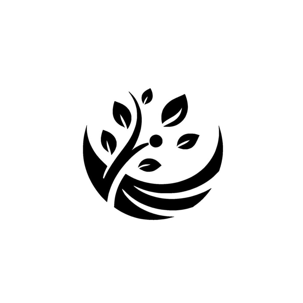 Abstract Black and White A stylized tree within a crescentshaped frame, with simple elegant lines and dot details. vector