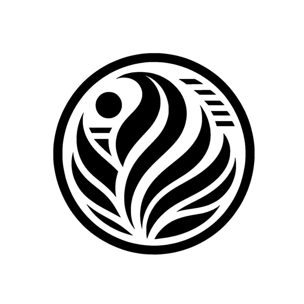 Abstract circular with a stylized leaflike featuring flowing black and white elements, a dot and lines, in a simple elegant composition. vector