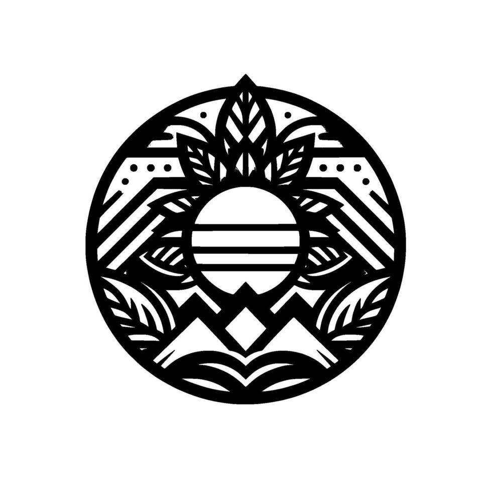Intricate Black and White Mandala A Circular Featuring Leaves, Mountains, and Sun, with Geometric Patterns and Dotted Accents, Evoking Serenity. vector