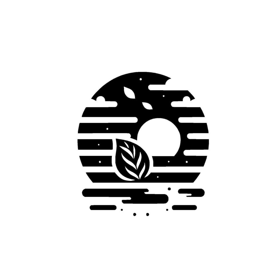 A Stylized, Geometric of a Leaf within a Circle, Featuring Horizontal Lines, Dots, and a Minimalist Aesthetic. vector
