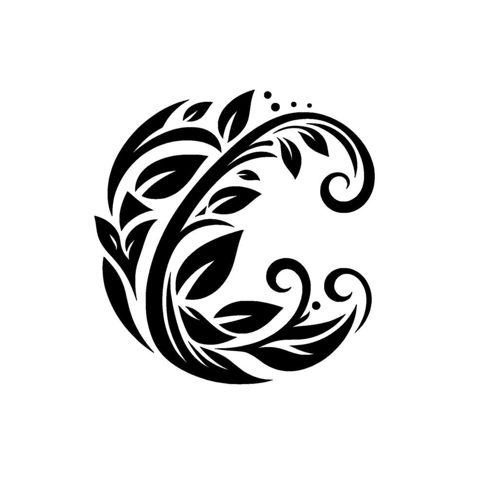 Elegant Monochromatic Floral in the Shape of the Letter C, with Detailed Leafy Vines and Curlicues, on White Background. vector