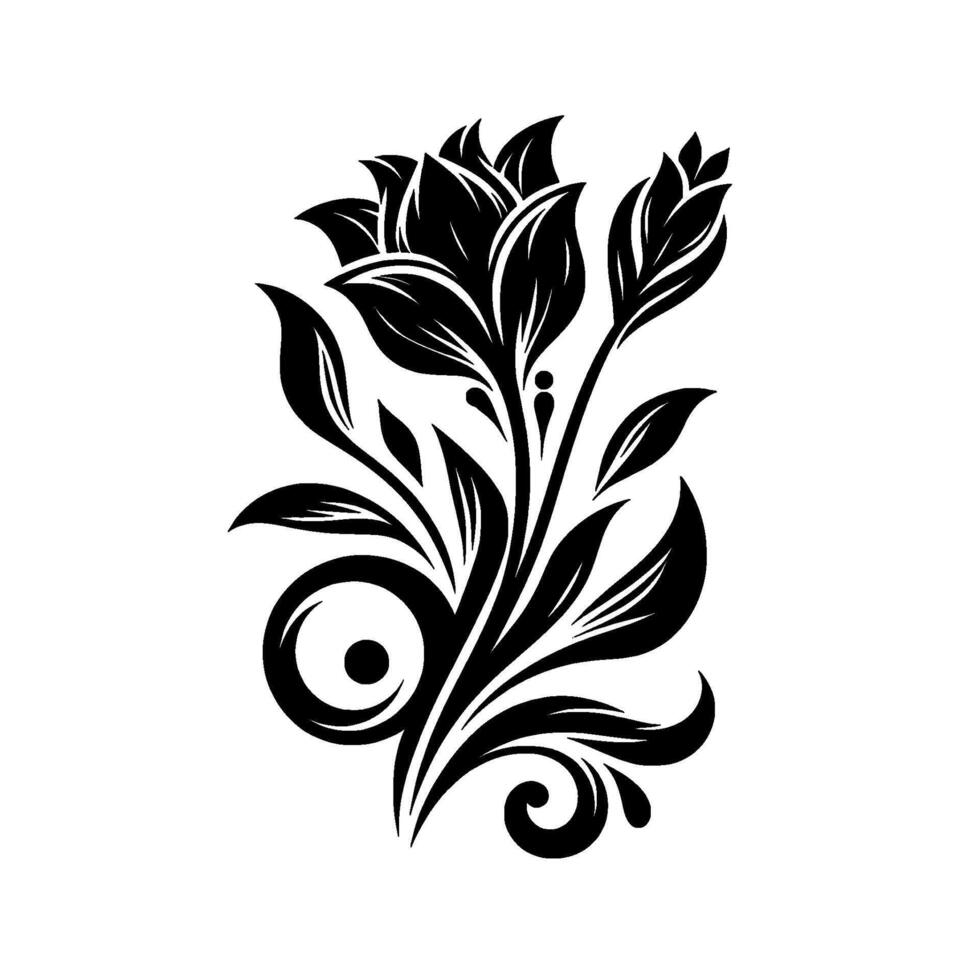 Detailed black floral silhouette , centered, features blooming petals and leaves with stylized swirls and dots on a white backdrop, evokes elegance. vector