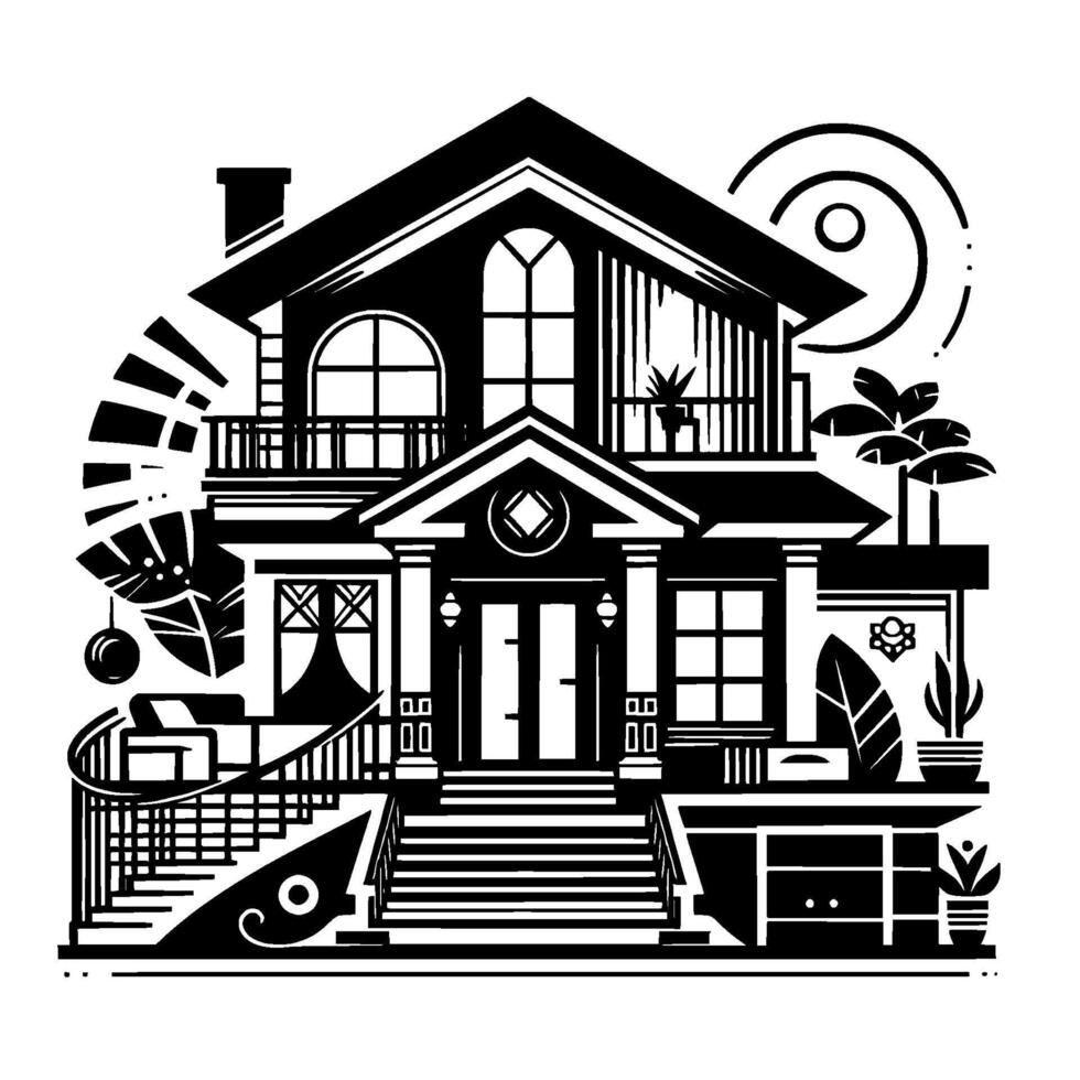 Stylized Black and White Illustration of a Detailed TwoStory House with Lush Foliage and Geometric Elements. vector