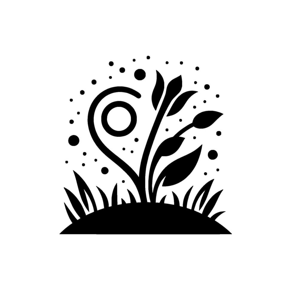 Stylized Black and White Illustration of a Plant with Ornamental Features, Circles, Leaves, and Grass on White Background. vector