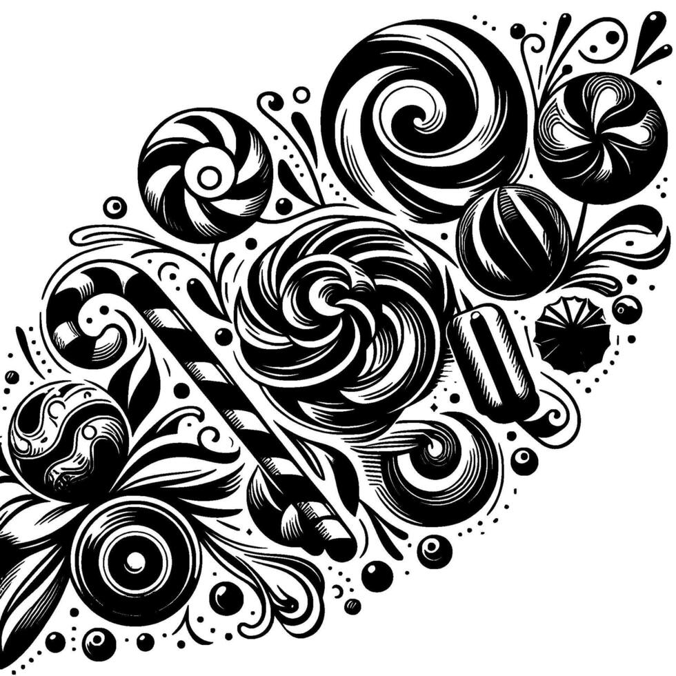 An intricate black and white illustration of various candies including lollipops, swirls, a candy cane, and other sweets with decorative flourishes against a stark white background. vector