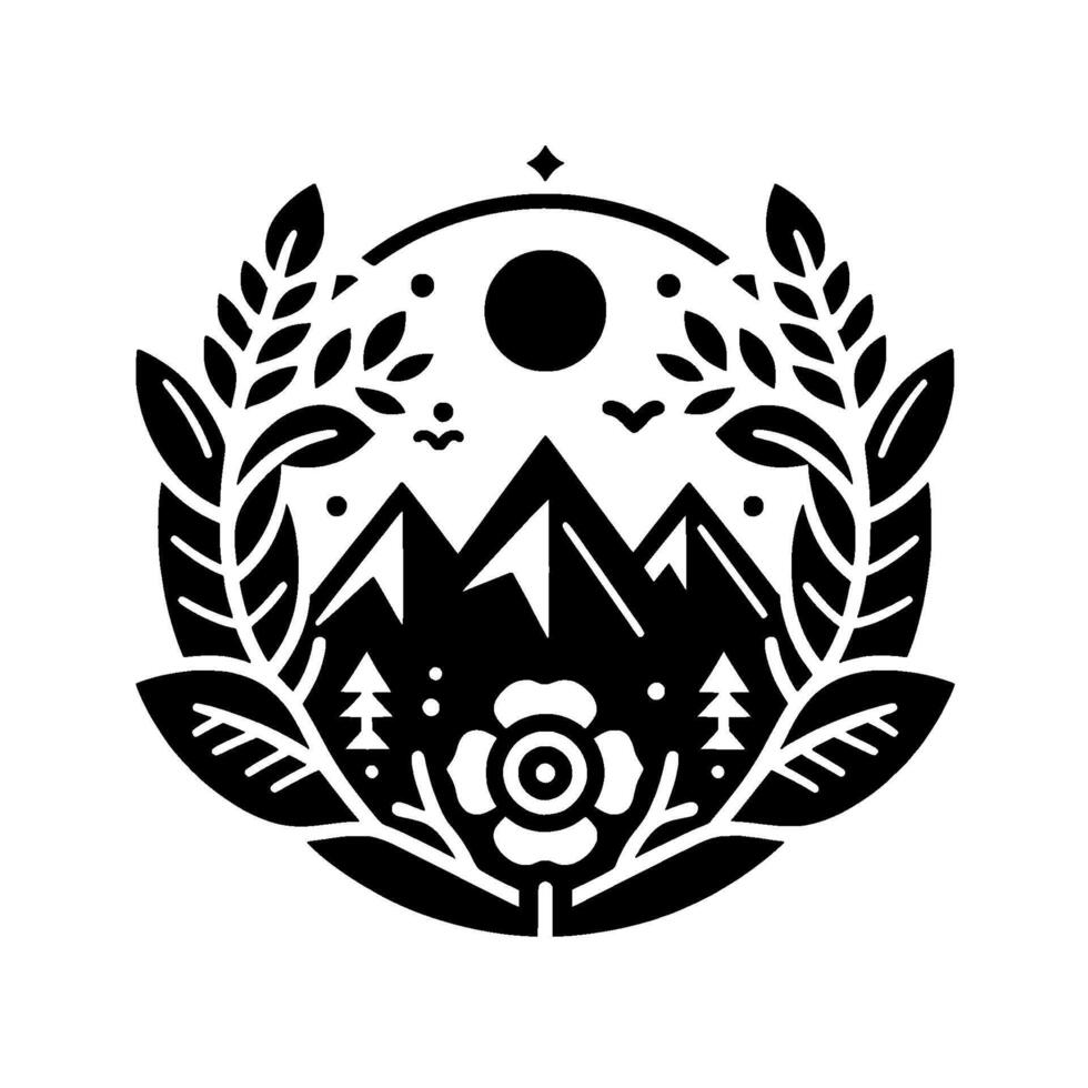 Black and white circular featuring mountains, sun, flora, fauna, and nature elements, symbolizing adventure and the great outdoors. vector